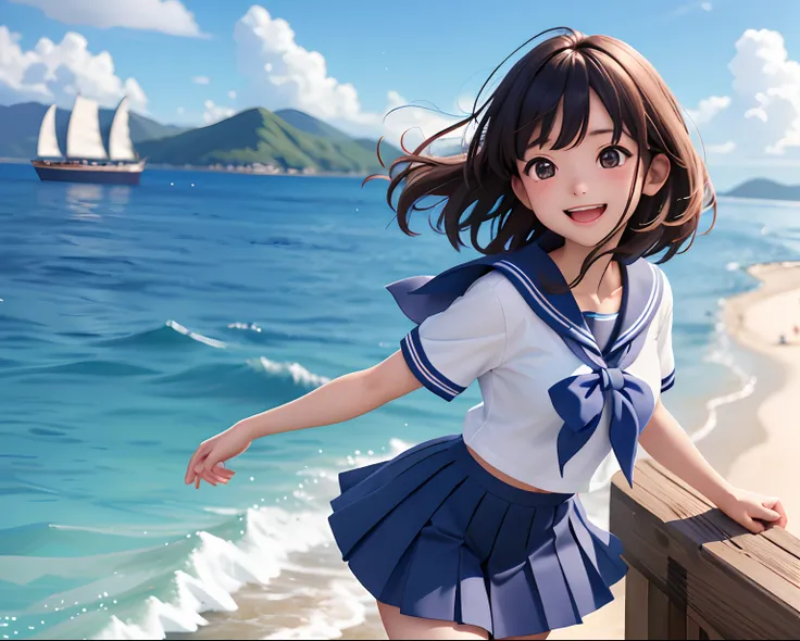 iku nakatani (million live), (best quality, 8K, masterpiece, ultra detailed:1.2), dynamic pose, cinematic angle, cowboy shot, light particles, sparkle, beautiful detailed eyes, shiny skin, shiny hair, day, dappled sunlight, blue sky, beautiful clouds, beac...