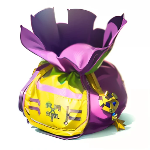 There is a bag of money icon，The round money bag is closed with a gray-green string，It has a yellow rune pattern on it，Used in anime games，in style of hayao miyazaki，Purple money bag