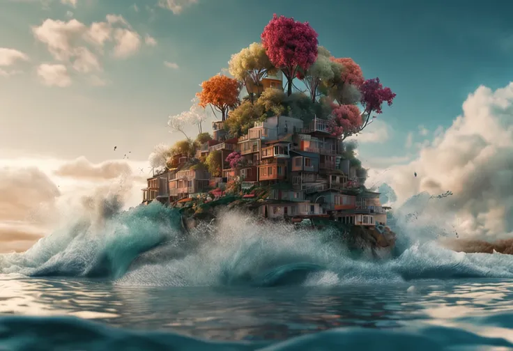 Massive climate change and rising water levels, tsunami, And the floating island that stands on top of it