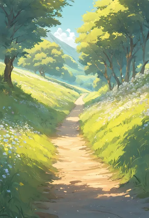 There is a painting of a country road with flowers and trees, a digital painting by JoWOnder, shutter inventory, Digital art, lush countryside, Landscape illustration, Valle exuberante, Valle encantador, arte de fundo, anime countryside landscape, beautifu...