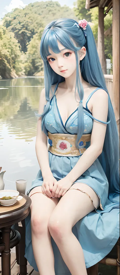 Masterpiece, Best Quality, Official Art, 8k Wallpaper, Very Detailed, Illustration, 1 Girl, Sky Blue Hair, Long Hair, Detailed Eyes, Forrest Gump, Bare Shoulders, Hanfu, Lake, Pure, Soft Smile, bamboo, tea