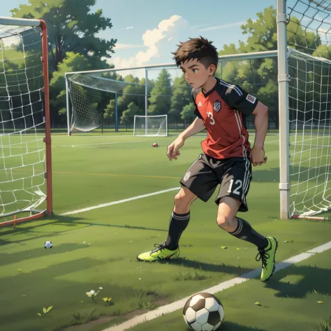 A boy is playing soccer，soccer court