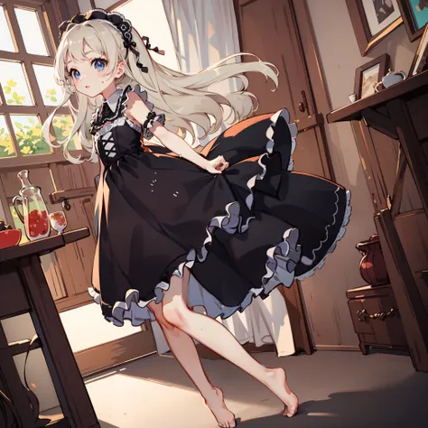 very cute female child:1.1,10 yo,Gothic Lolita:1.8,dutch angle shot,ground-level shot,low angle,full body shot,medium shot,Barefoot,livingroom:1.5,Summer,day, Long hair,flat chest,Wind,Drooping sweat:1.1,(4K), (Raw photo: 1.2), (Realism: 1.4), (masutepiece...