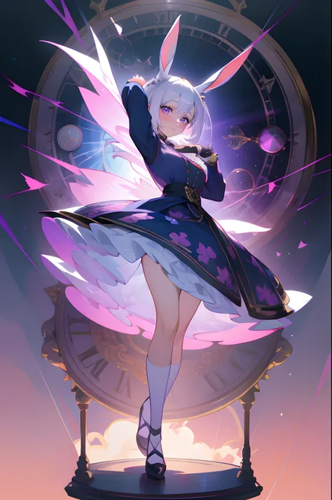 tmasterpiece, White hair anime female character with rabbit ears, , Shows fullness , Jacket, stretch pose, with a dynamic pose ((full bodyesbian)) , white colors、Red and purple,, trending on artstation pixiv, 2 d anime style, Anime character art, detailed ...