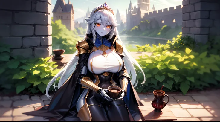 1girl,solo, robot girl, humanoid robot,robot joints, orange eyes,long hair, (colored skin),huge breasts,tiara, jewelry, armored dress,gold trim, sleeveles,cape,castle in background, (outdoors),garden,sitting,throne,(coffee cup in hand),table,looking at vie...