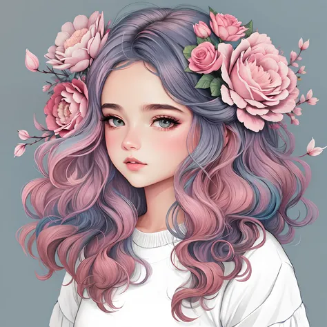 uma menina com cabelos longos e rosas no cabelo, No estilo de arte de Bowater, Estilo de desenho bonito, rosas no cabelo, trending on artstration, estilo de arte bonito, estilo de arte impressionante, Cabelo rosa, Estilo de arte anime bonito, in illustrati...