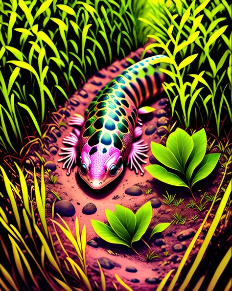 In the bushes next to the ditch is a pink hexagonal salamander