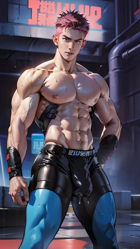 A tall muscular boy , Naked , Legs spread , （The whole body of the character），impact , Sweaty , Wet , Seductive , Bigboobs , large bulge , big balls , big assa，Exposing the pectoral muscles，Wu Yifan，Pink big breasts，Blue skinny rubber garment