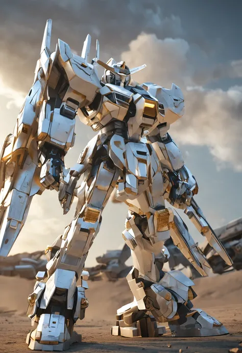 The image shows a white and gold gundam, in the style of intersecting planeshighly realistic, grandeur of scale, playfully intricate, glassy translucence, gracefulposes, super details, Maxon Cinema 4D, high detail, 32k --s 1000 --uplight --ar 9:16