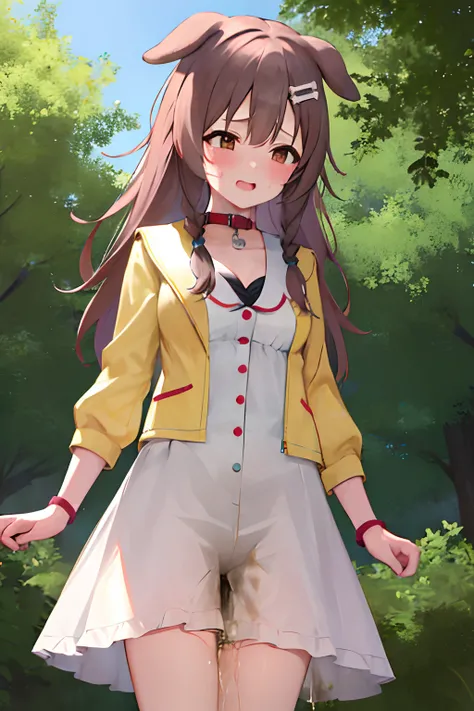 masterpiece, best quality, highres, ik1, 1girl, white dress, yellow jacket, dog tail, animal collar, cleavage, medium breasts, wristband, cartoon bone, hairclip, cowboy shot, standing, outdoors, sad, blush, cry, tears, peeing self, peeing girl, pee stain, ...