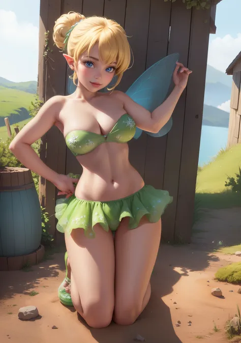 (tinkerbell waifu:1), smile, pose on all fours, cute, looking at the viewer, thick thighs, single bun, short hair, (strapless gr...