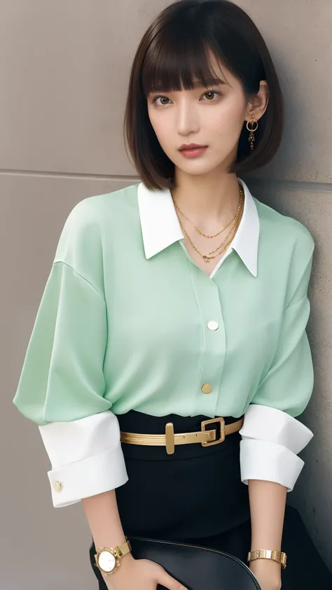 Business-oriented fashion magazine cover in girlish style, Features a model with sideways bangs and an ash brown short bob hairstyle. She wears a pastel-colored silk blouse with a Peter Pan collar, High-waisted pencil skirt, And shiny leather loafers. Acce...