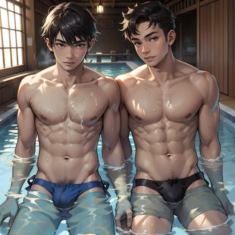 Two boys swimming together，bathhouse，Raised sexy