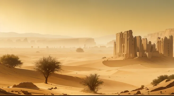 A landscape depicting a scorching desert in the Middle East, featuring rugged rock mountains and scattered ruins, with minimal vegetation and an intense heat radiating from the sun. Small oasis from afar, sandstorm seen from far