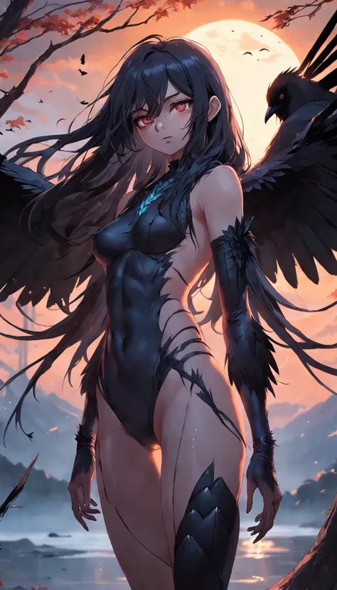 masterpiece, best quality, movie still, 1girl, monstergirl, crow woman, full body, portrait, detailed (eyes), long (hair), perfect body, proportional body, crow|raven wings, deep look, wearing (pants:1.5), close-up,  cold soft lighting, sunset, (aura:0.7)