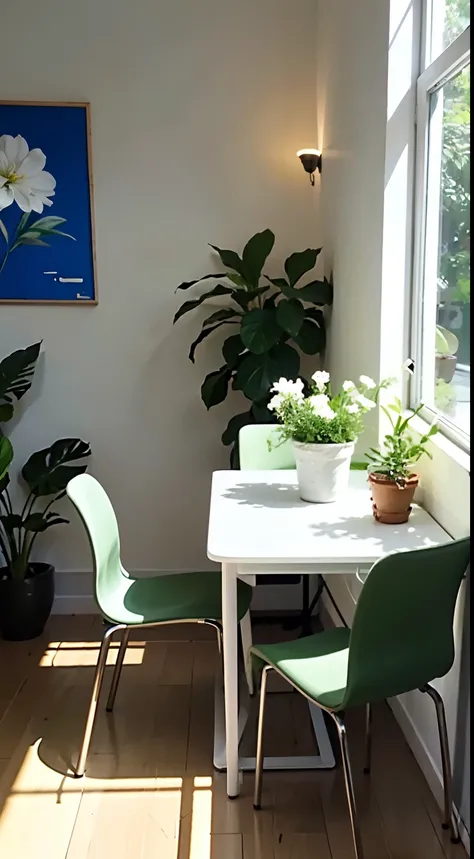 Nobody, scenery, windows, white Gardenia jasminoides, light green curtains, plants, chairs, green cloth sofa, white table, vase, sunshine, flower pot, sky, shadow, indoor, shadow, mailbox, daytime, potted plants,Grass, blue sky,cat, doll, ,masterpiece, bes...