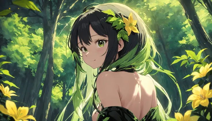 cabelos preto e longos，Girl with flowers in front of the window,in woods，ssmile，Yellow-green mixture，Flapping hair，White Sling Set，耳Nipple Ring，green leafs,chime，best qualtiy，8K，textured skint，gentlesoftlighting，watercolor paiting、white blossoms