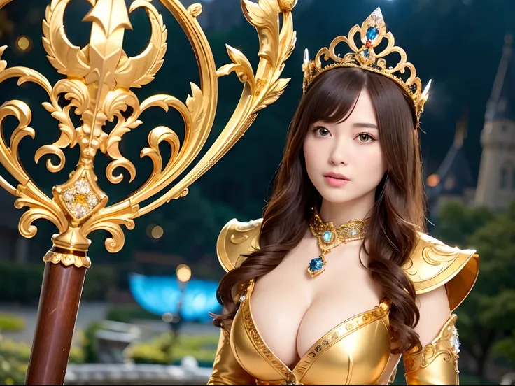 Professional , ​masterpiece、top-quality、photos realistic , depth of fields （Gemstone Silver Metal Body:1.９),(Matte yellow、Jewel Gold Weapon、（Gorgeous castle background）、（Jewel Metal Body:1.４),（Gorgeous Jewel Metal Weapons） , （Hold the heros detailed sword）...