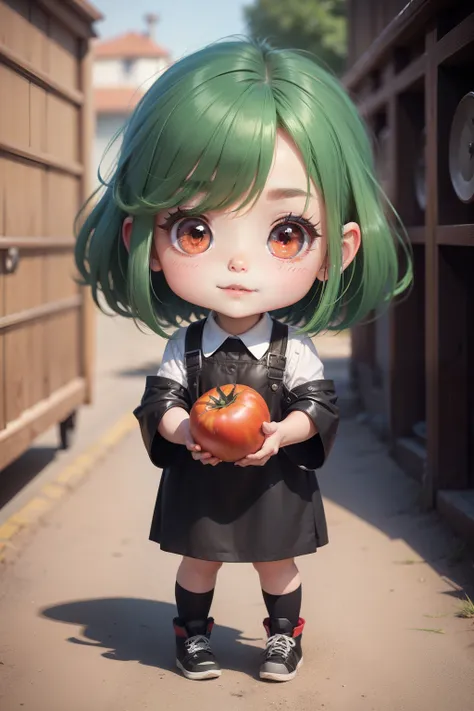 Chibi, 1 girl, shorth hair, Cute、bright expression、Very beautiful face, Beautiful red eyes, dazzling green hair、Eyebrows behind bangs, Bright pupils, nffsw, nffsw, textured white skin, high details, Best Quality, 4K, hight resolution、Full body, Tomato Park...