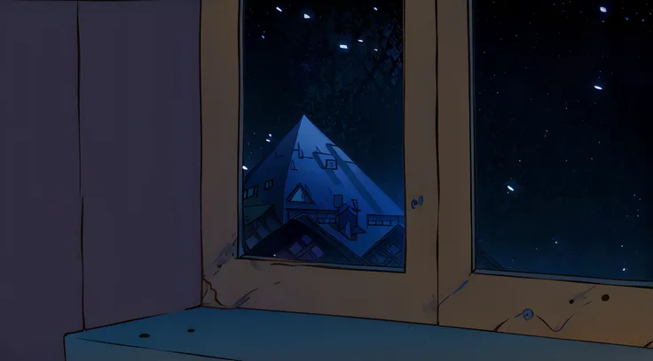 View from inside a house out through a window with a night sky outside, Estilo Gravity Falls, sem pessoas, 8k, melhor qualidade), (First-person view)