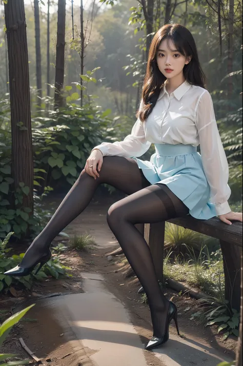 (full body:1.5)，(1girl:1.3),(view the viewer:1.4)，(anatomy correct:1.3),(sitting in the forest:1.2),(wearing a school style dres...