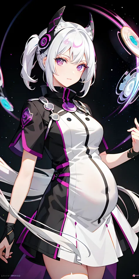 1girl, white hair, multicolored hair, purple eyes, mask on head, sidelighting, light particles, wallpaper, pregnant