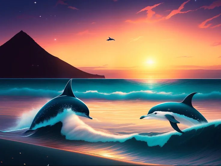 masutepiece, High resolution, 8K, anime woman, Delicate and detailed writing 、Detailed digital illustration、{No human}、〔Sunset〕Midsummer Dusk、The sun goes down、Some stars are out、No person、Sunset in Hawaii、Dolphins leaving the sea、Detailed background,((Bac...