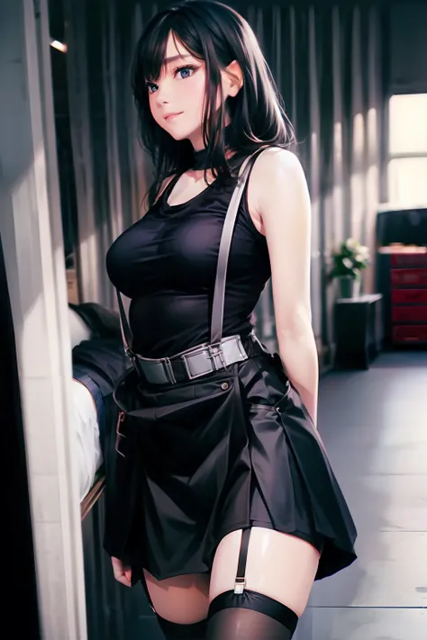 a black skirt, , Tank tops　suspenders, Long Black Hair, Gray eyes, holster, Garter belt on the legs, , Moderate breasts and tight clothes, both sides　　Behind　no-bra