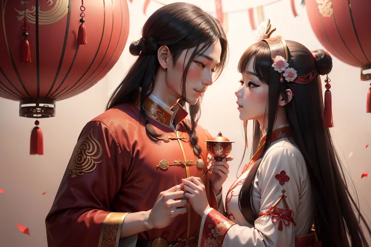 Chinese Qixi Festival picture，The picture reflects the warm picture of Valentines Day，Characters need to be dressed in Chinese Tang dynasty clothes。