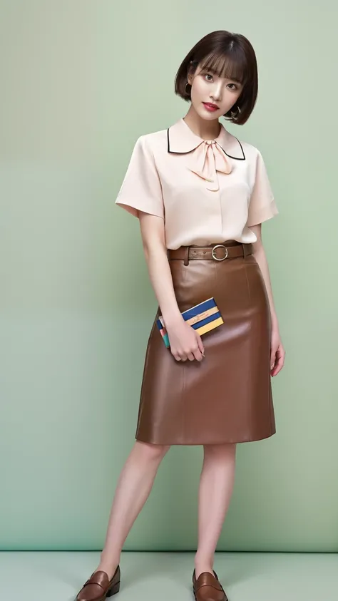 Business-oriented fashion, girlish style, Features a model with sideways bangs and an ash brown short bob hairstyle. She wears a pastel-colored silk blouse with a Peter Pan collar, High-waisted pencil skirt, And shiny leather loafers. Accessories include、I...