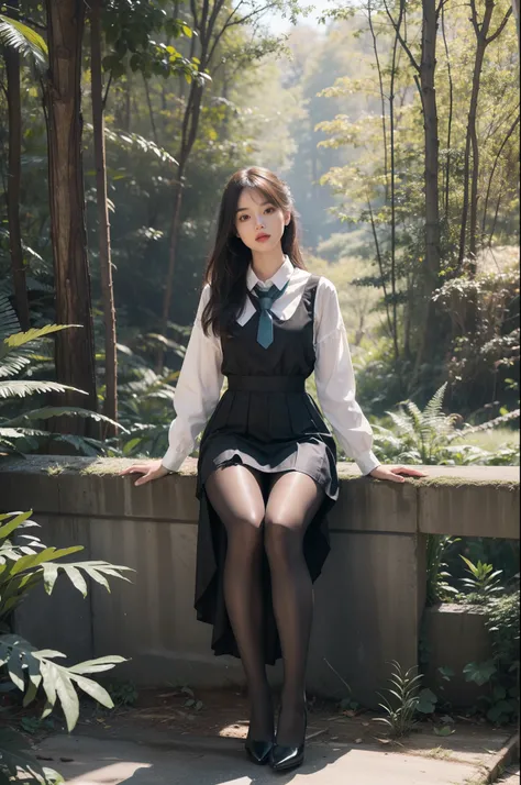 (full body:1.5)，(1girl:1.3),(view the viewer:1.4)，(anatomy correct:1.3),(sitting in the forest:1.2),(Wearing a school Style Dress:1.2),(Opaque pantyhose:1.3),( girl pointed thick heels :1.1)，(Accurate and perfect face:1.3),(Long legs:1.3),hyper HD, Ray tra...