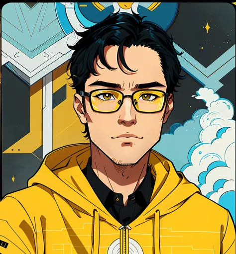 There was a man with glasses and a yellow hoodie, Selfie Photos, Leng Jun, 20yr old, cool guy，illustration，Patterned，Good-looking，Tech-sensitive glasses frames，Black pupils