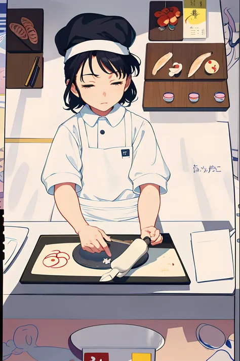 Draw a girl in a chefs hat preparing food, pichacu cooks a squid, Japanese animation, close up of lain iwakura, Japanese animation style, anime cels, Cooking, inspired by Tsuruko Yamazaki, author：Uesaka Seka, fubuki, animation cel for anime movie, producti...