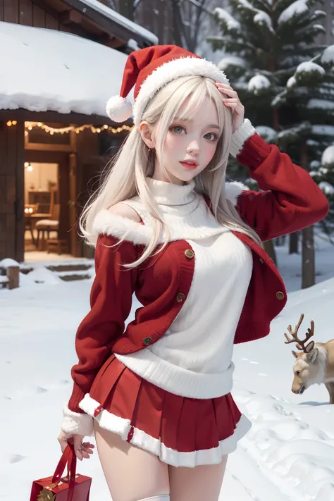 santa hat，Short red knitted skirt，white color hair，outside，In the snow，reindeer