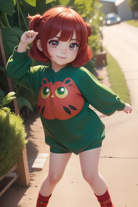 Chibi, 1 girl, shorth hair, Cute、bright expression、Very beautiful face, Beautiful red eyes, dazzling green hair、Eyebrows behind bangs, Bright pupils, nffsw, nffsw, high details, Best Quality, 4K, hight resolution、Full body, Tomato Costume,3D style