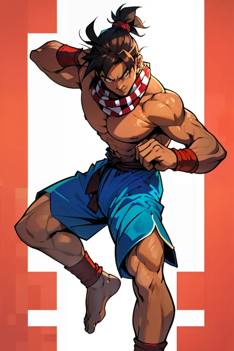 Khmer man warrior, full body to toes and feet, topless, dark brown tanned, street fighter, random boxing pose, men bun hair, (white red checkered pattern winter scarf wrapped around the neck), (wearing plain blue boxing fighter shorts), white background,