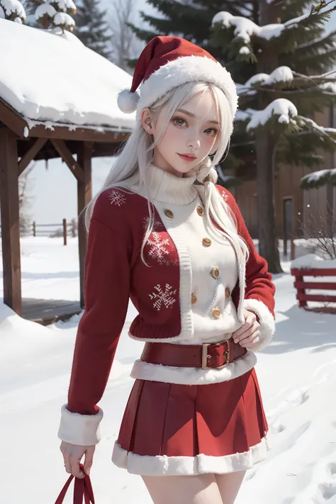 santa hat，Short red knitted skirt，white color hair，outside，In the snow，reindeer