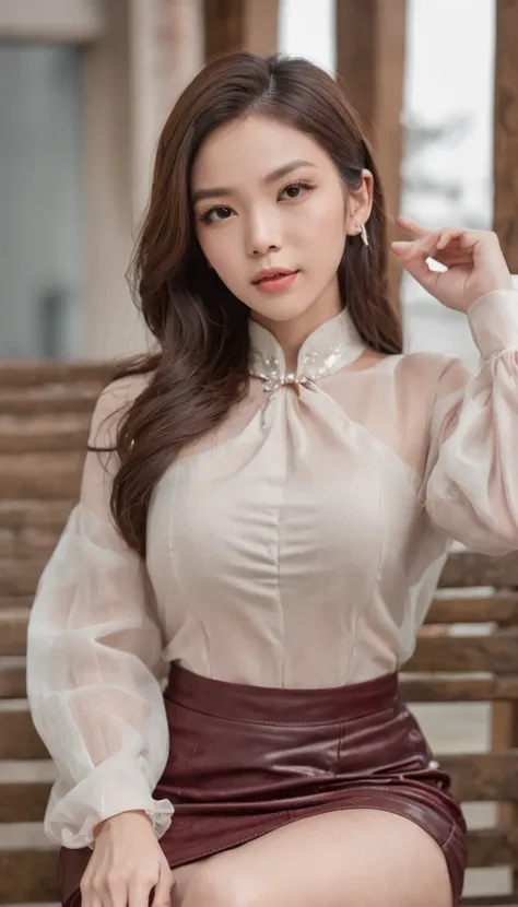 （tmasterpiece，k hd，hyper HD，16k）brunette color hair，15 year old girl，Multi-layer gauze skirt，Emphasize the lips，blusher，Soft lips，Glossy lips，，Soft hair like slippery silk，Sparkling，Almost reluctant to look away，She wears a suspender cheongsam！Imagine that...