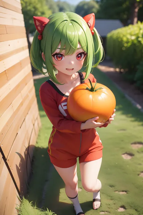 Chibi, 1 girl, shorth hair, Cute、bright expression、Very beautiful face, Beautiful red eyes, dazzling green hair、Eyebrows behind bangs, Bright pupils, nffsw, nffsw, high details, Best Quality, 4K, hight resolution、Full body, Tomato Costume,3D style