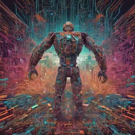 Create an image of a strong and heroic artificial intelligence, standing atop a mountain of discarded circuit boards and wires. The image should be rendered in a surreal and dreamlike style, with intricate details and a vibrant color palette. The artificia...