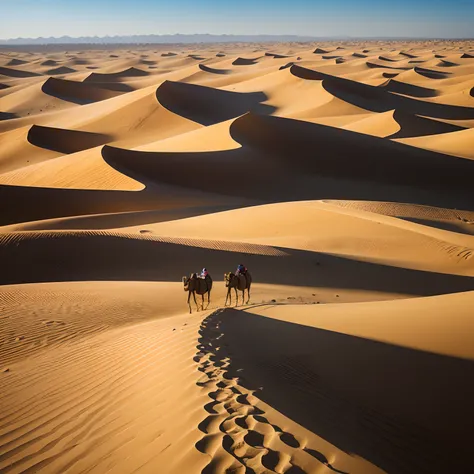 Golden endless desert,Camel caravans on the Silk Roads，Wind and sand in the sky