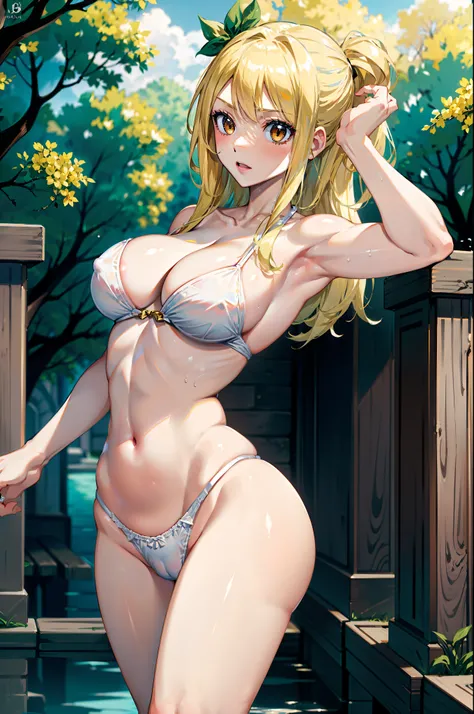 1girl, NSFW, masterpiece, best quality, highres, lucy heartfilia, blonde hair, long hair, golden eyes, yellow eyes ((eye circles)), upper body, blushing, sunlight, , outdoors, open legs, brilliantly lit, detailed background, very detailed, naked, areola sl...