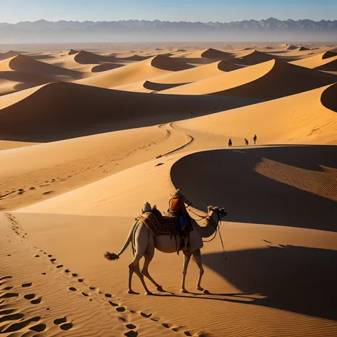 Golden endless desert,Camel caravans on the Silk Roads，Wind and sand in the sky