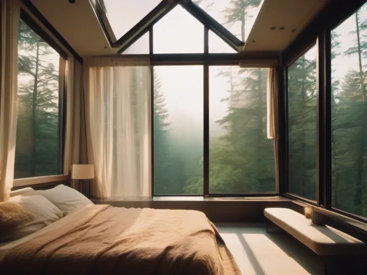 there is a bed in a room with a large window, Simple arrangement，Lush forest, quiet and serene atmosphere, serene bedroom setting, Relaxing environment, soothing and cozy landscape, peaceful and serene, Peaceful forest setting,