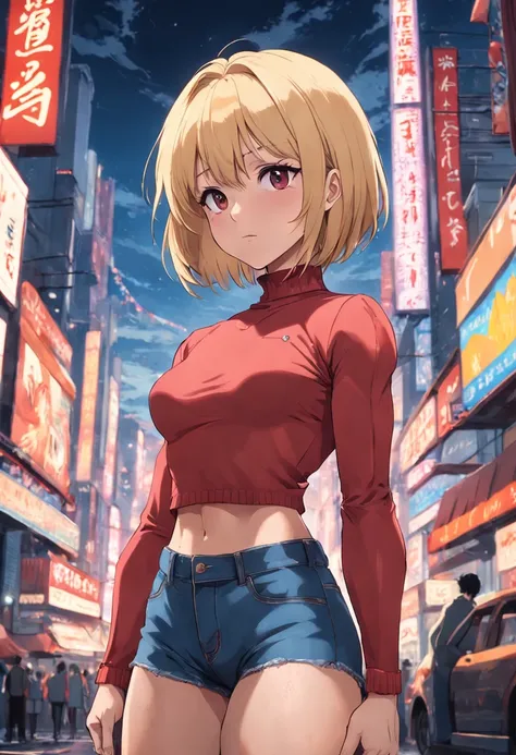 Very muscular adult female with a blonde bob style cut, wearing denim short shorts and a cropped red turtleneck