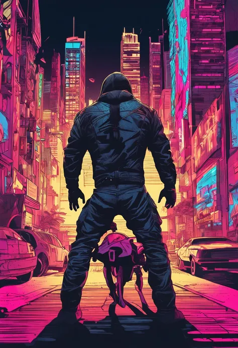 Gangster, humans body, musculature, goats, skyscrapper, Neon flashing, Motorcycle back, Cool