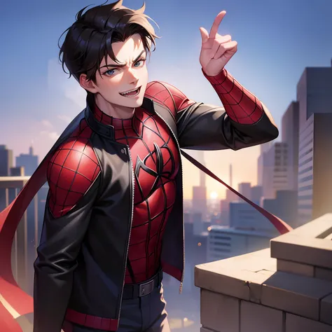 Badboy Peter Parker, sonriendo, usando una chaqueta negra ropa negra