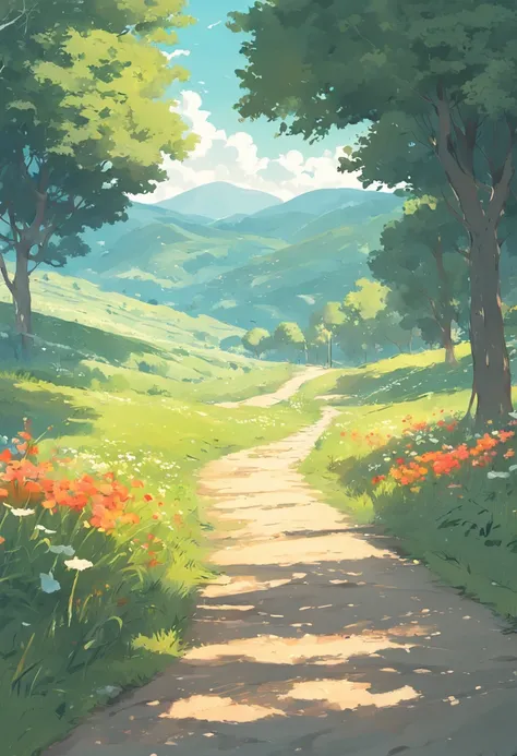 There is a painting of a country road with flowers and trees, a digital painting by JoWOnder, shutter inventory, Digital art, lush countryside, Landscape illustration, Valle exuberante, Valle encantador, arte de fundo, anime countryside landscape, beautifu...