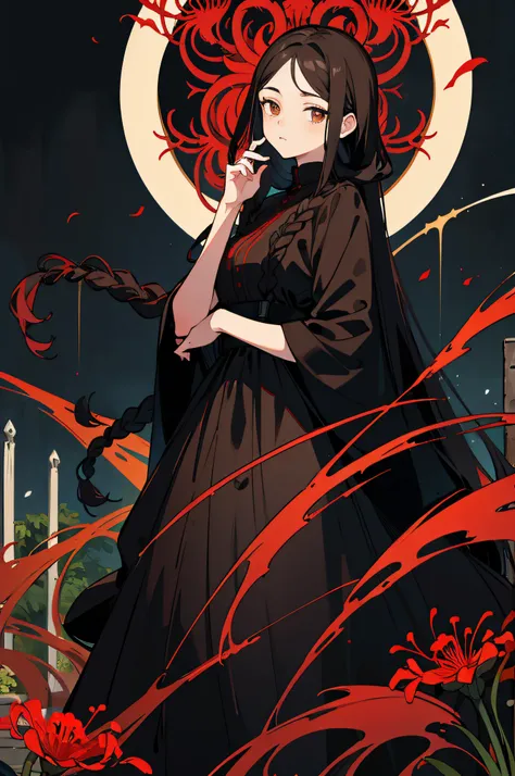 1 woman, (masterpiece, best quality:1.2), wearing black clothing, garden setting, red spider lily, dark theme, very long hair, arm length hair, fully braided hair, black hair, dark brown eyes