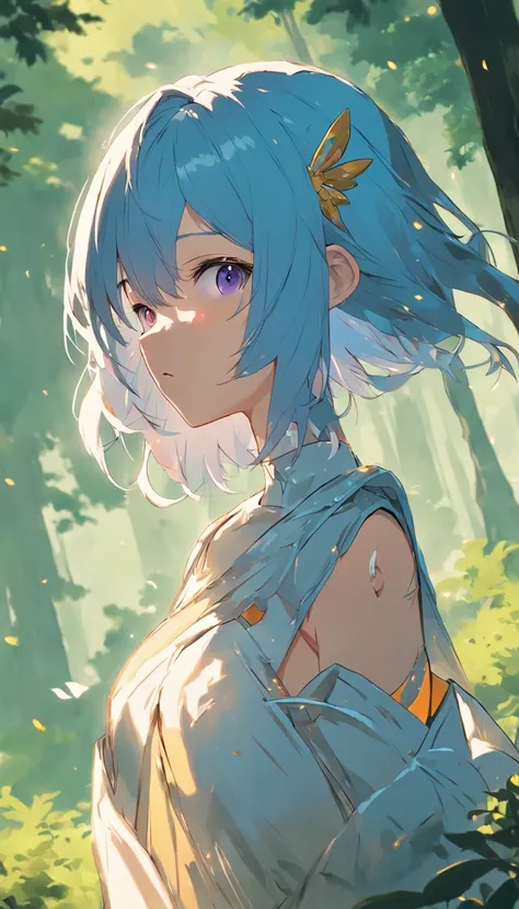 ((1girl, solo)), masterpiece, superlative, portrait, hyperdetail, illustration, close-up, gorgeous background, straight shot, blue hair, purple eyes, (focus on face), looking into the distance, forest, sun, wind, butterfly, studio lighting, horizontal axis...